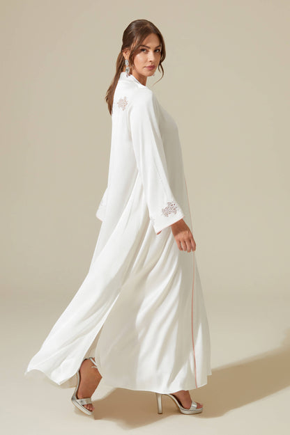 Abelia - Trimmed  Long Zippered Dress -Off White with Shell Pink Pipe