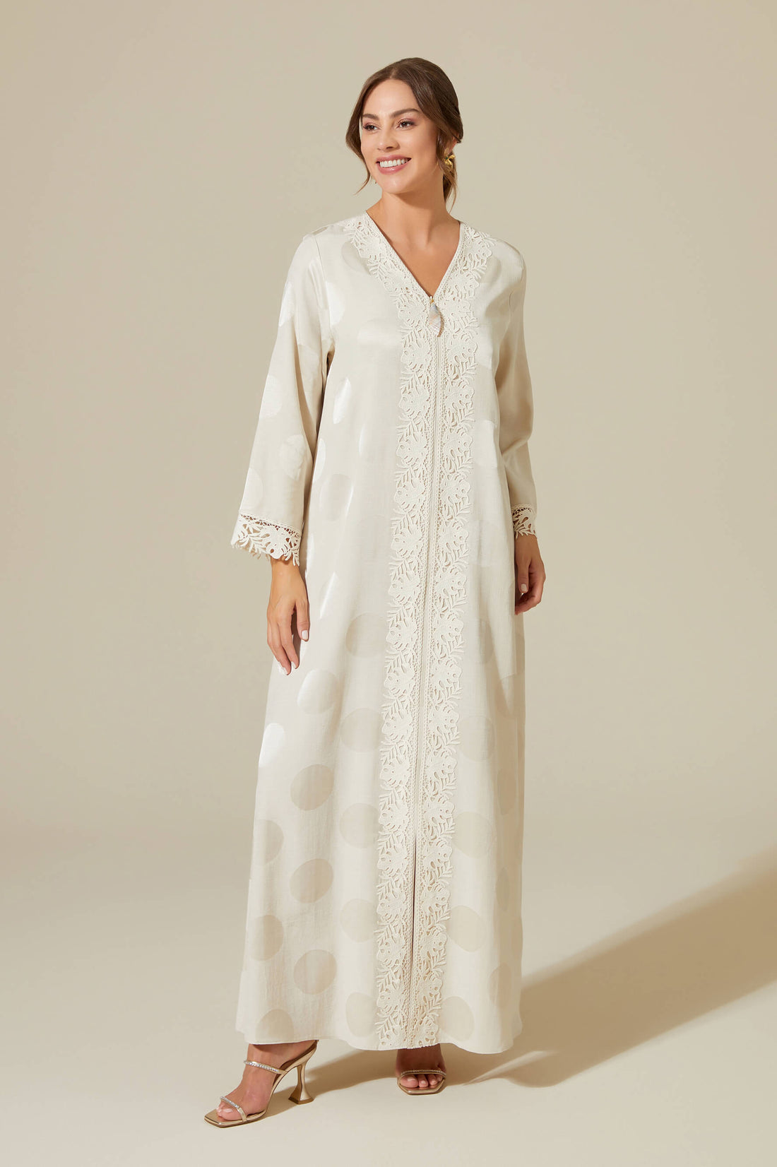 Luv - Trimmed Linen Long Zippered Dress - Beige with Dots