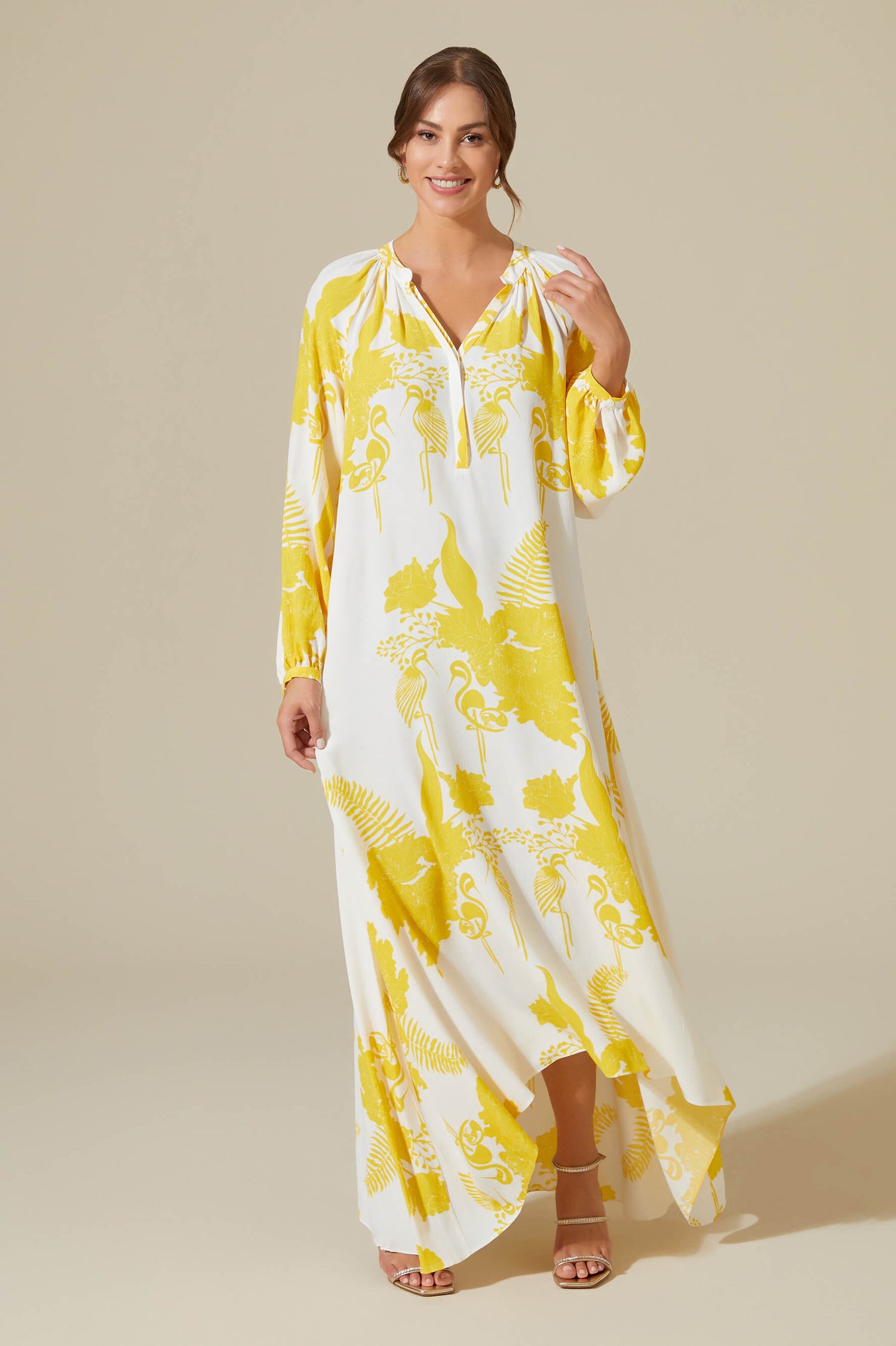 Juave - Long Silk Crepe and Chiffon Buttoned Dress - Yellow