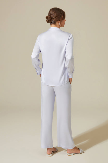 Ayana Trimmed Rayon and Buttoned Long Sleeve Pyjama Set - Ice Blue
