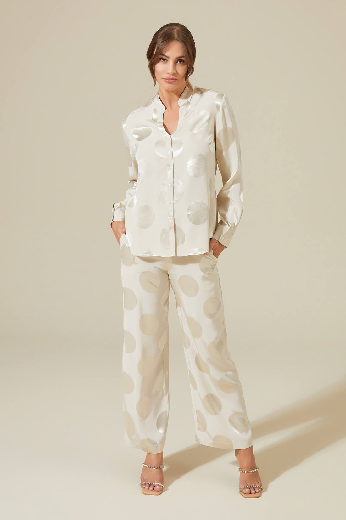 Ayana Rayon and Buttoned Long Sleeve Pyjama Set - Beige with Dots