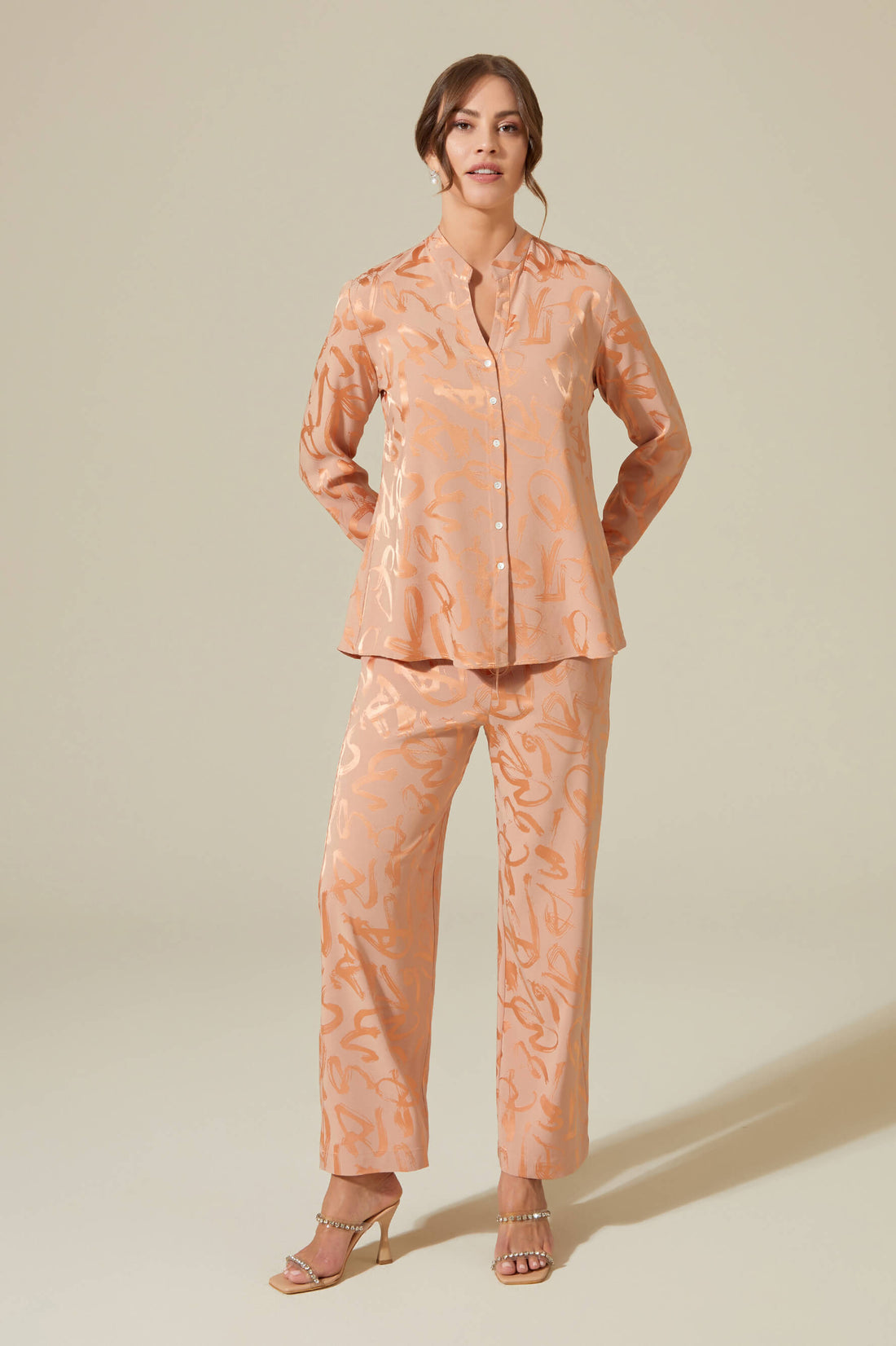 Ayana Printed Rayon and Buttoned Long Sleeve Pyjama Set - Dark Nude