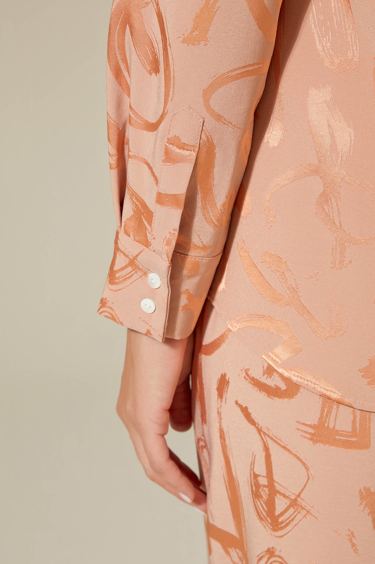 Ayana Printed Rayon and Buttoned Long Sleeve Pyjama Set - Dark Nude