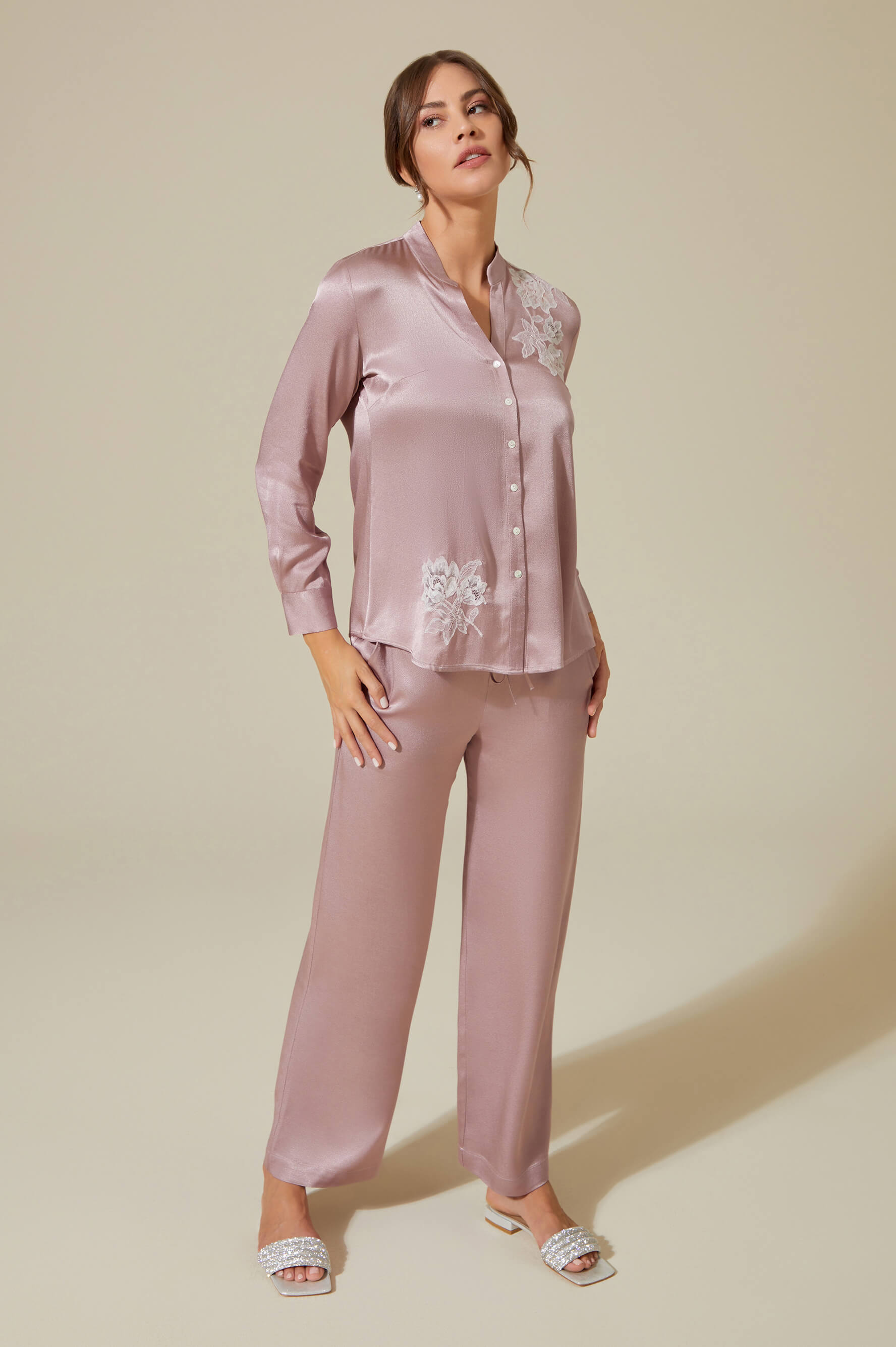Ayana Trimmed Rayon and Buttoned Long Sleeve Pyjama Set - Powder