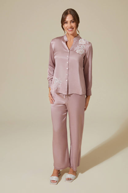 Ayana Trimmed Rayon and Buttoned Long Sleeve Pyjama Set - Powder