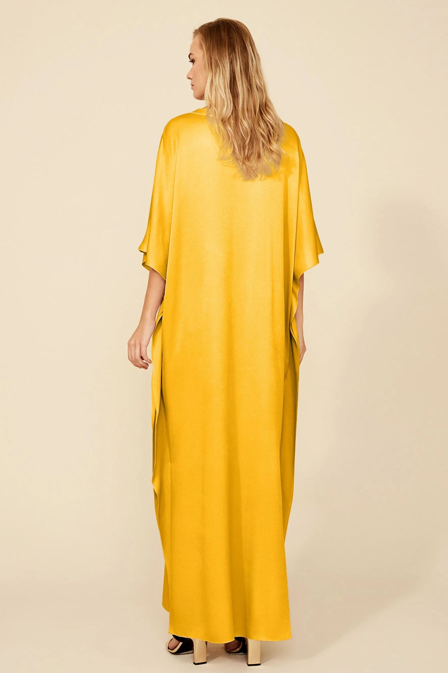 Cara Long Buttoned Kaftan Dress in Rayon - Saffron