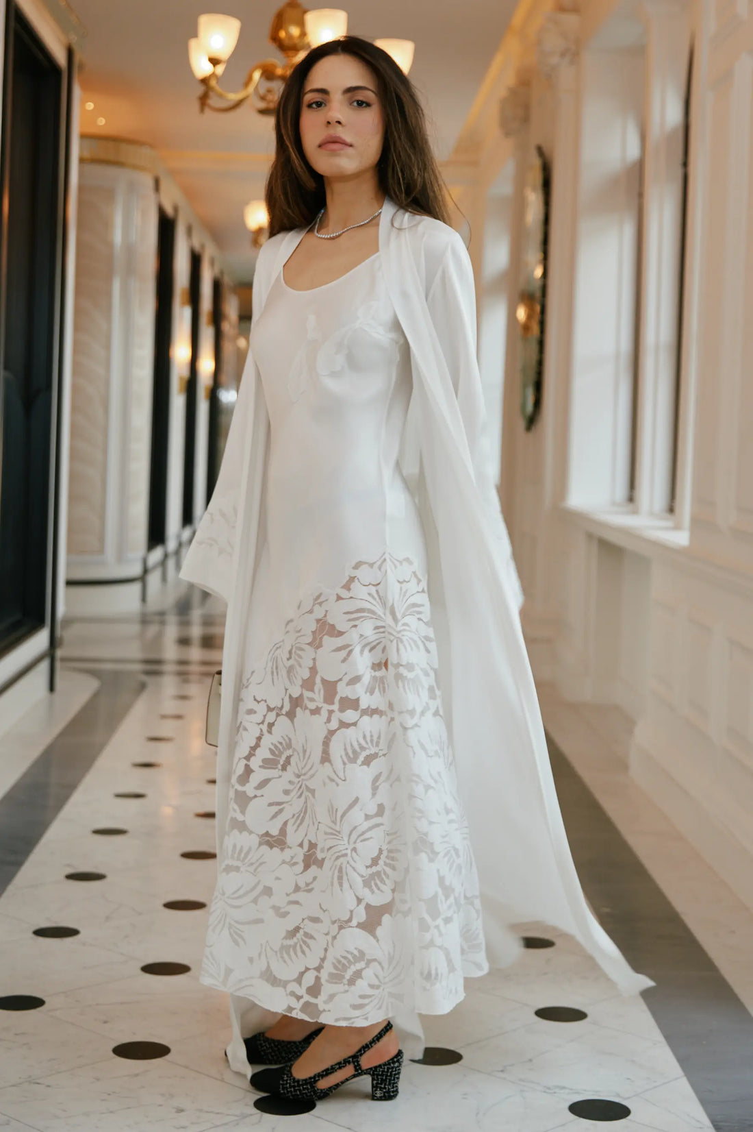 Dalia Long Rayon Robe Set with Off White Lace on Off White
