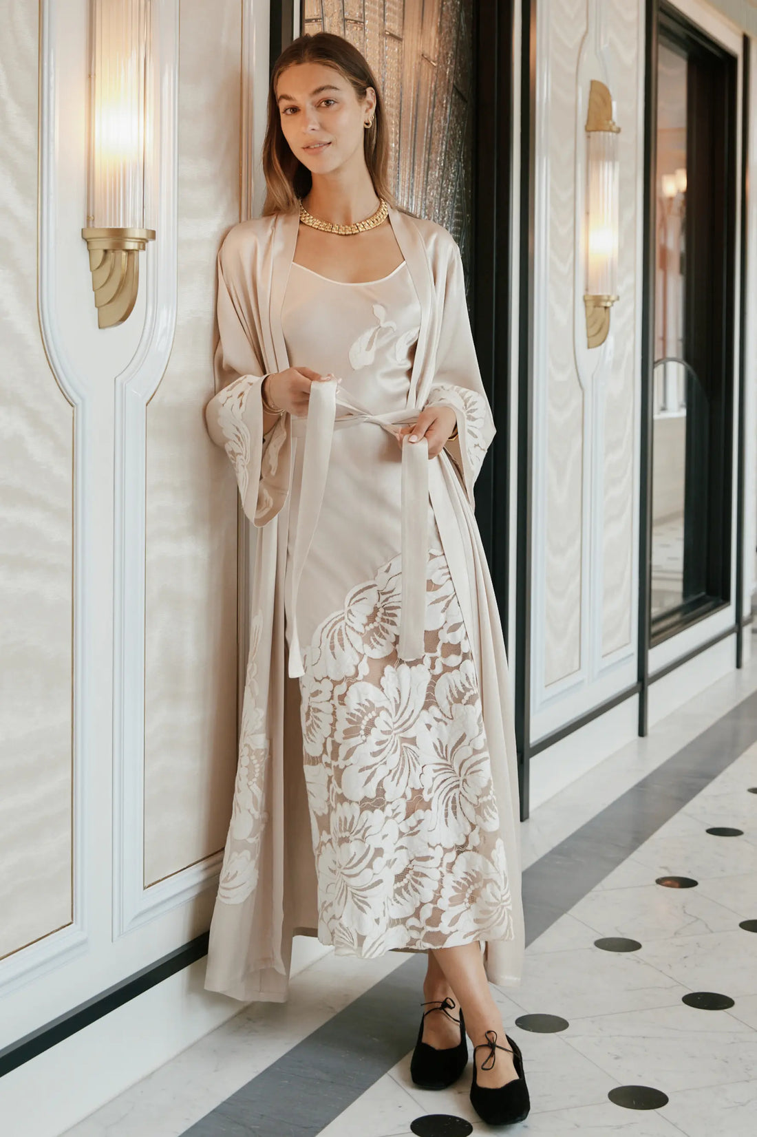 Dalia Long Rayon Robe Set with Beige Lace on Beige