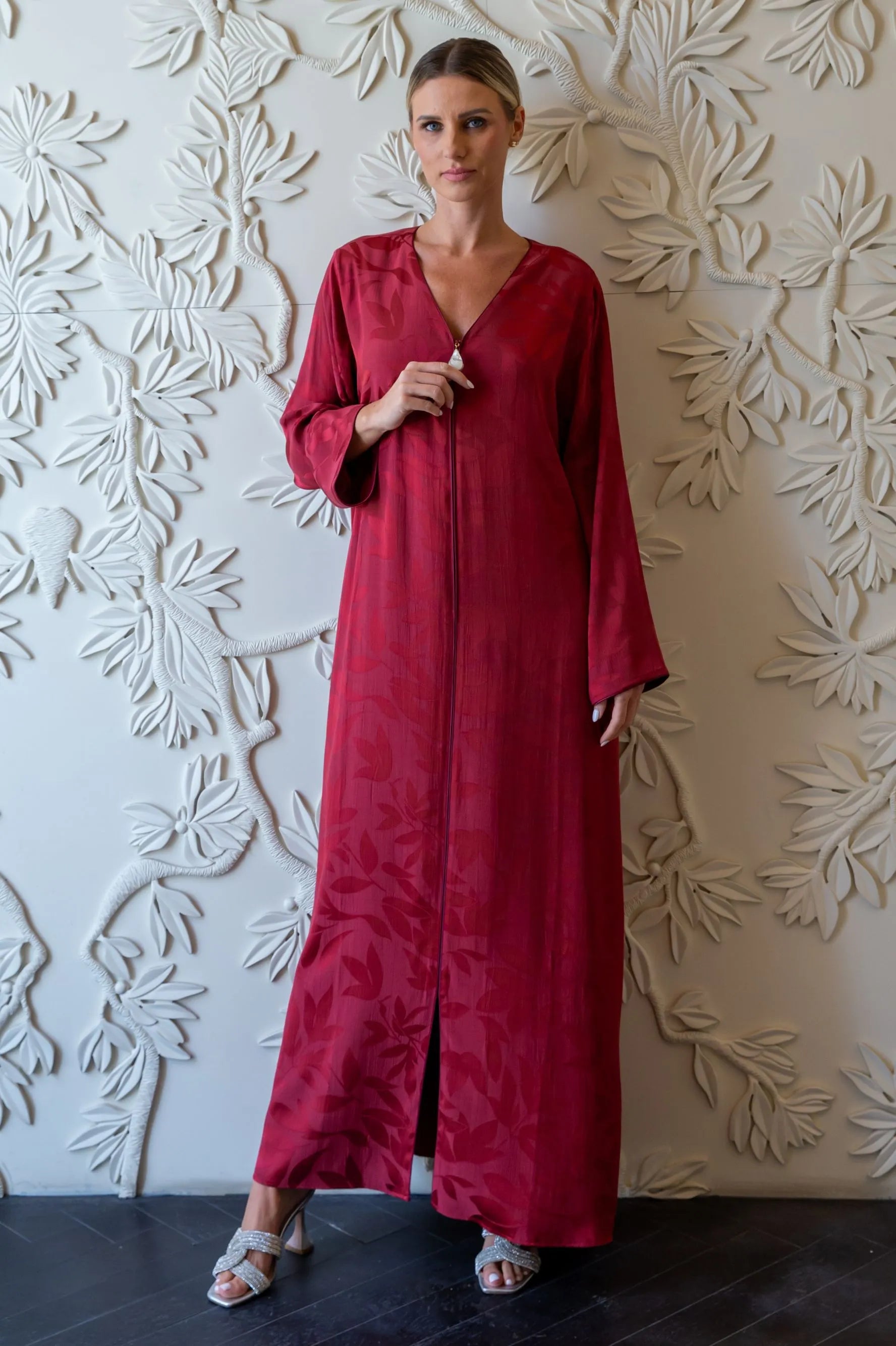 Sahara Full Length Luxury Rayon Dress - Burgundy with Luxury Pattern and Zipper