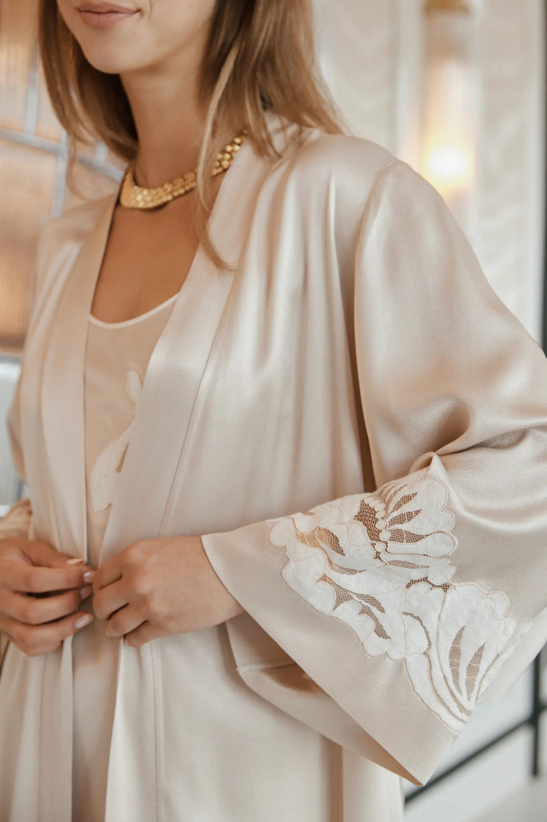 Dalia Long Rayon Robe Set with Beige Lace on Beige