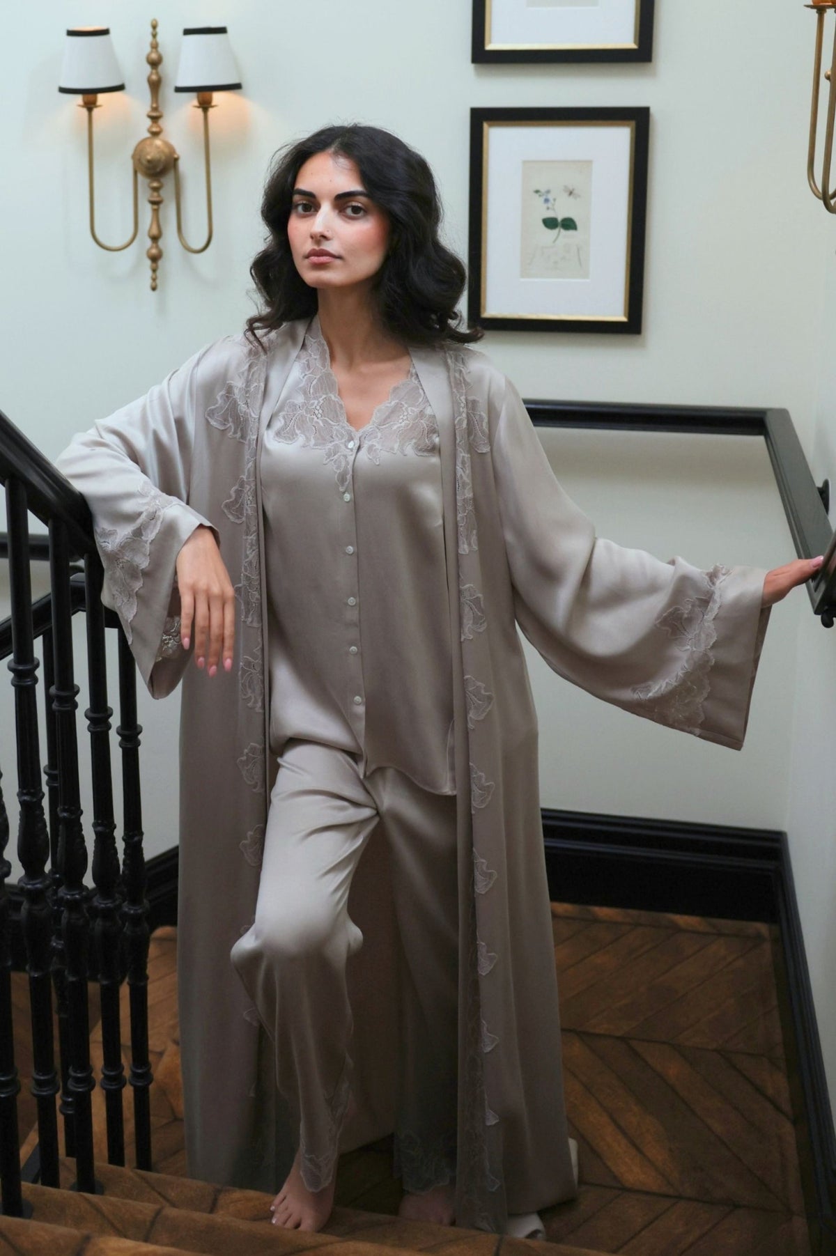 Queen Mary Cupro Pyjama &amp; Robe Set Sand