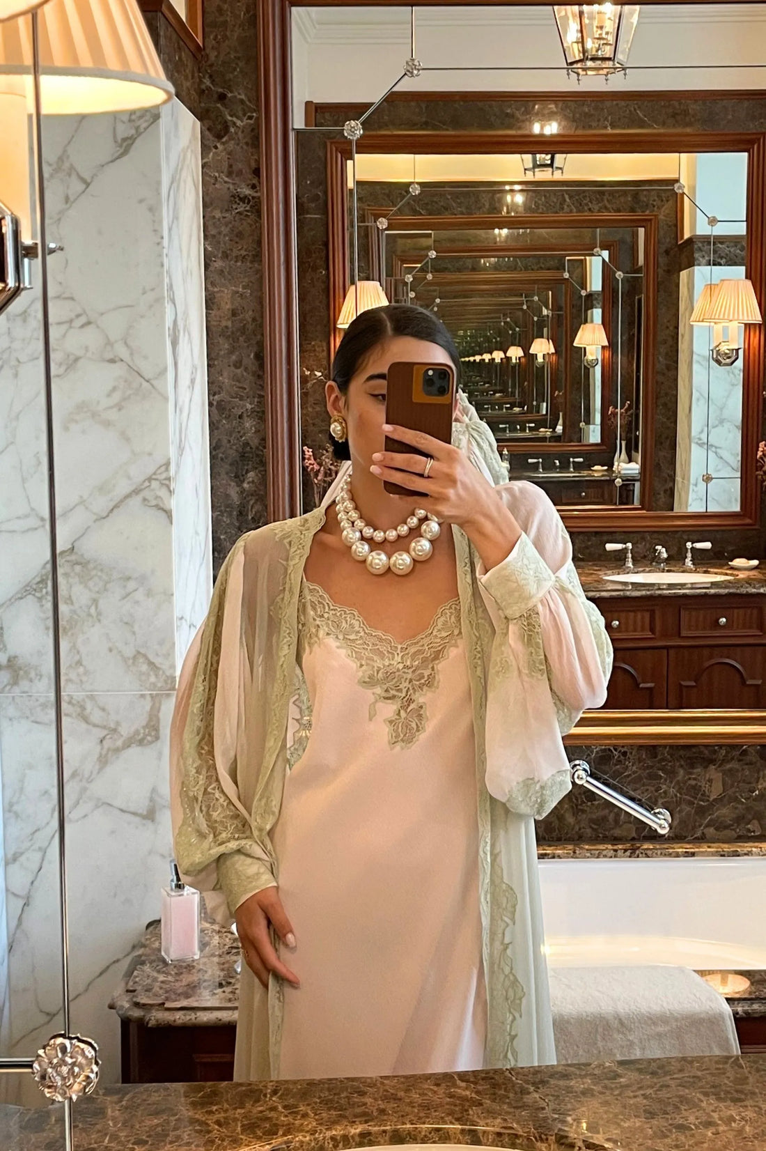 Carina Long Silky Chiffon Robe Set - Sage Green Lace on Light Pink