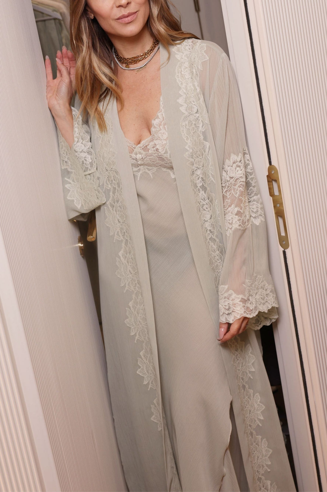 Lois - Long Silk Chiffon Robe Set - Sage Green with Sage Green Lace