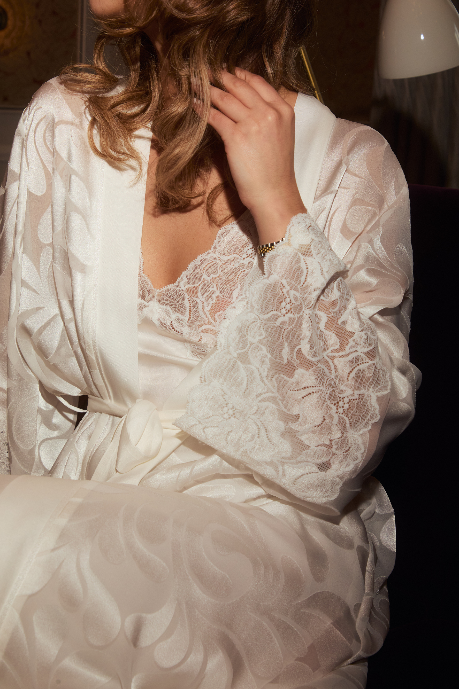 Silky Charlotte - Trimmed Robe Set with CUPRO Inner Nightie - Off White