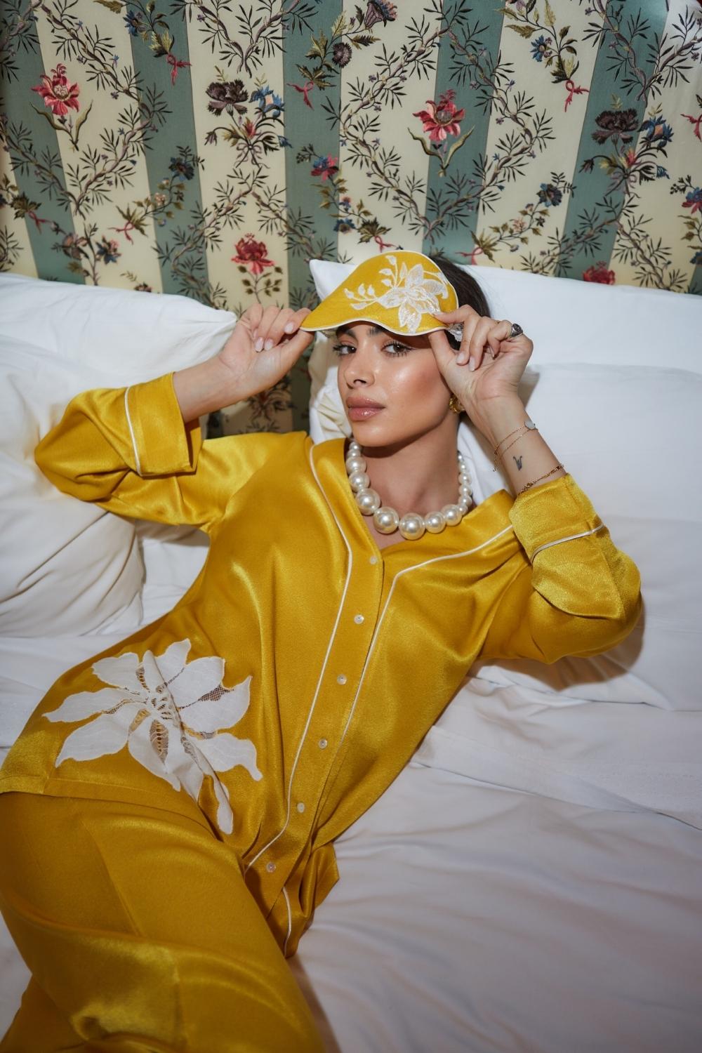 Asahi Trimmed Rayon and Buttoned Long Sleeve Pyjama Set - Yellow