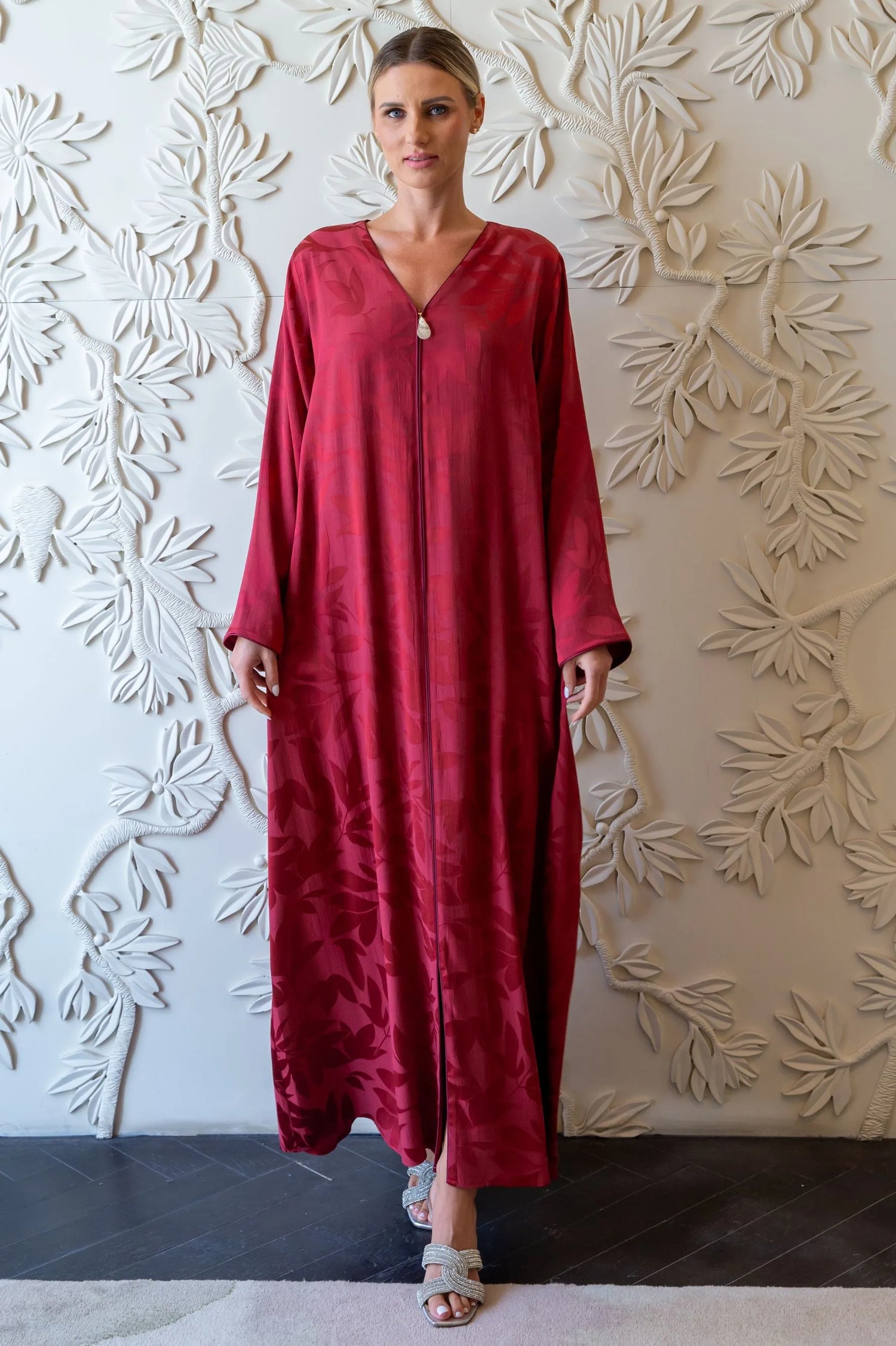 Sahara Full Length Luxury Rayon Dress - Burgundy with Luxury Pattern and Zipper