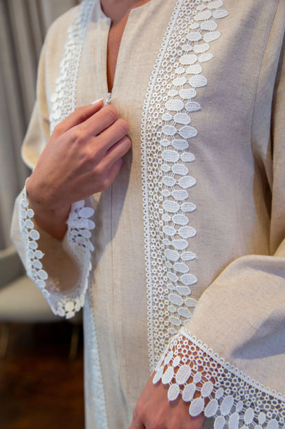 Raya Linen and Zippered Dress - Beige with Off White Lace