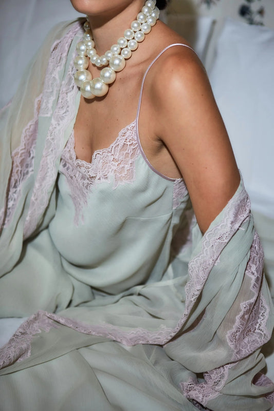 Carina Long Silky Chiffon Robe Set - Pink Lace on Sage Green