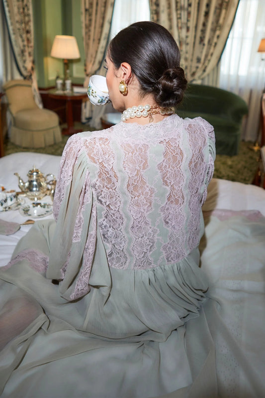 Carina Long Silky Chiffon Robe Set - Pink Lace on Sage Green