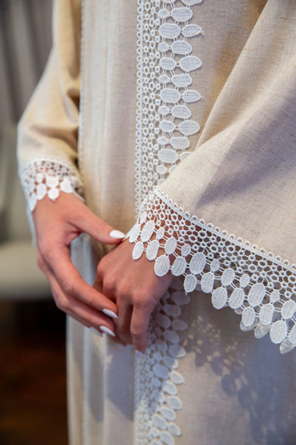 Raya Linen and Zippered Dress - Beige with Off White Lace