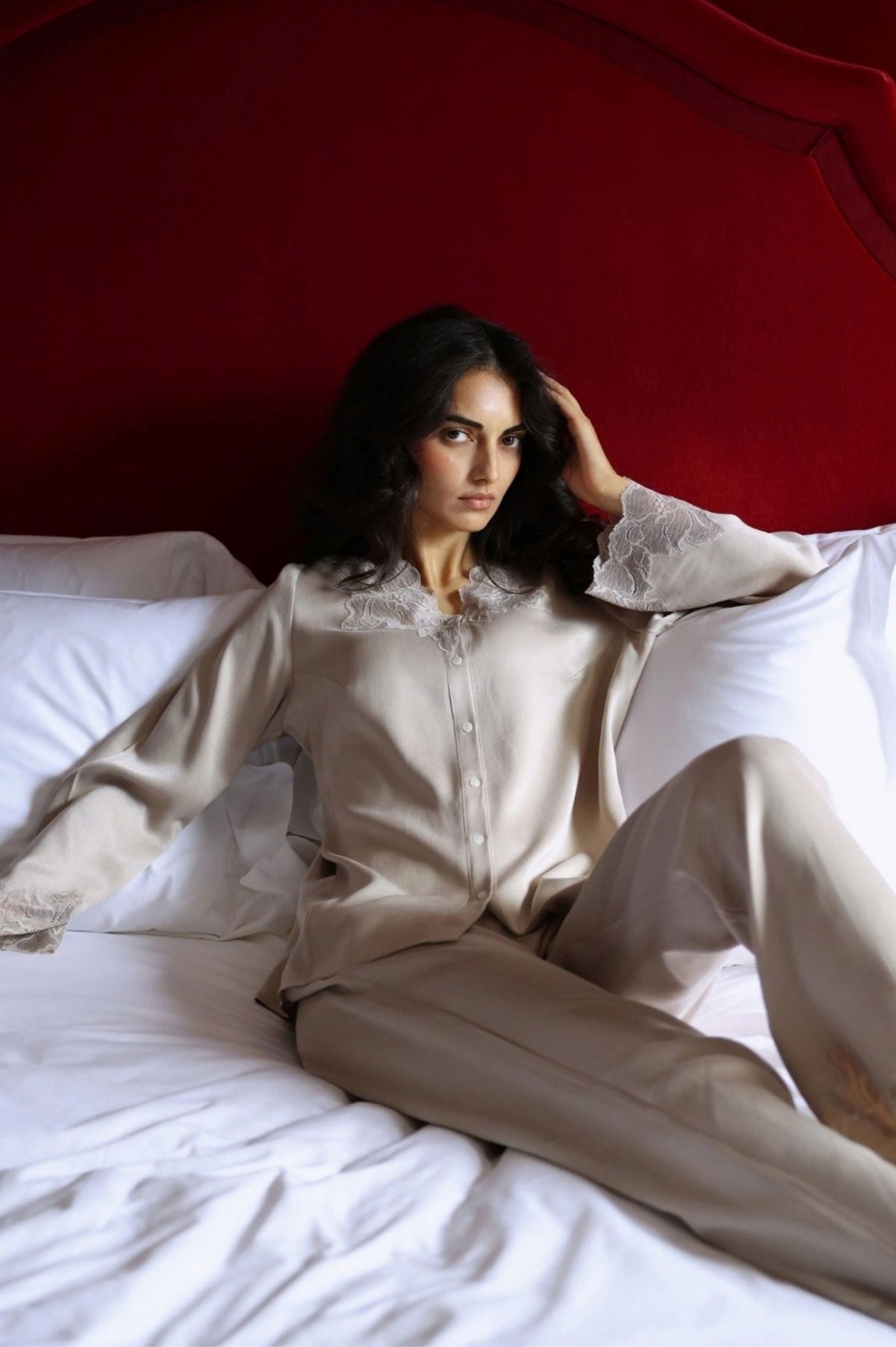 Queen Mary Cupro Pyjama &amp; Robe Set Sand