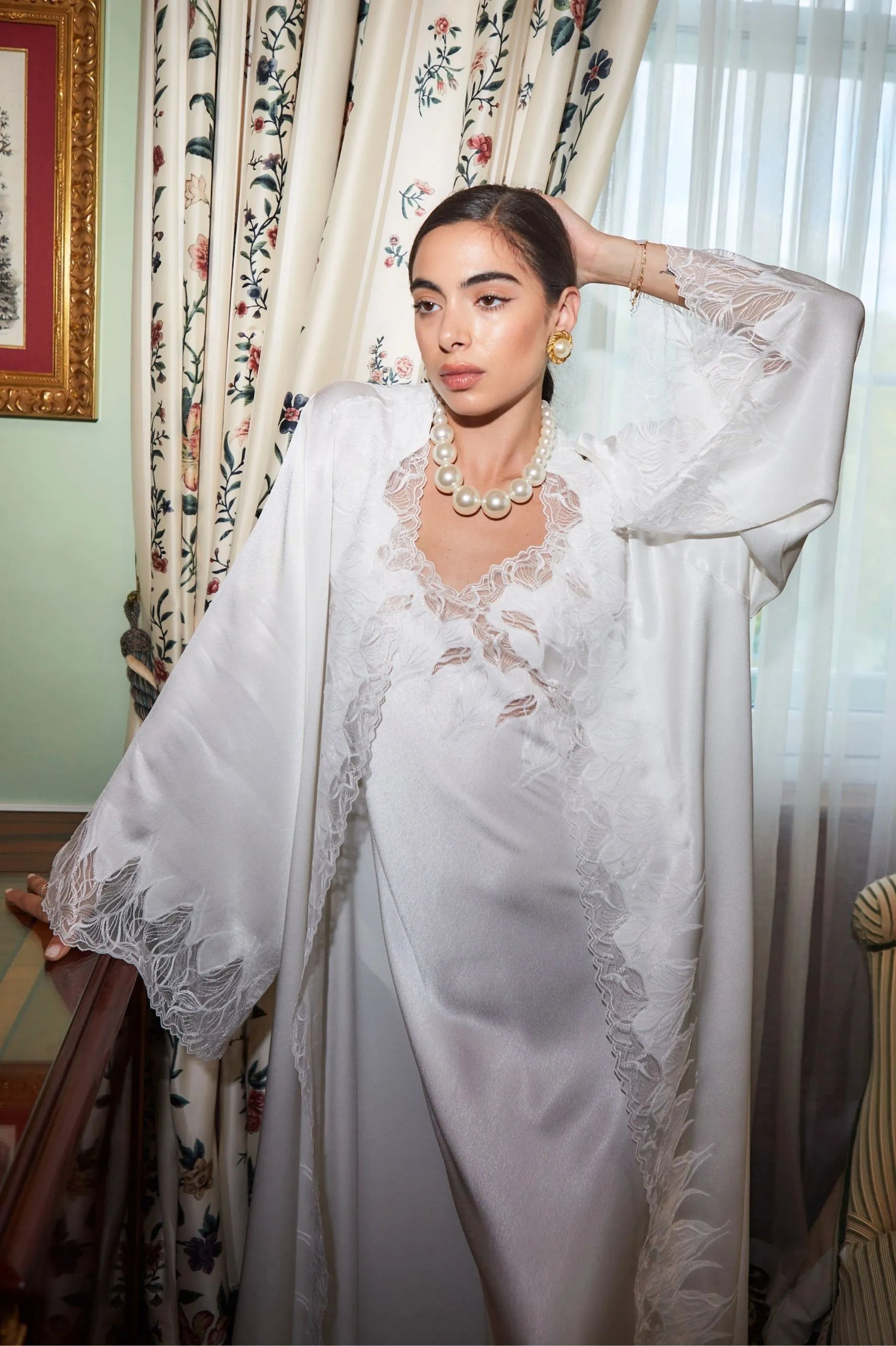 Lerna Long Rayon Robe Set with Long Nightgown White on White