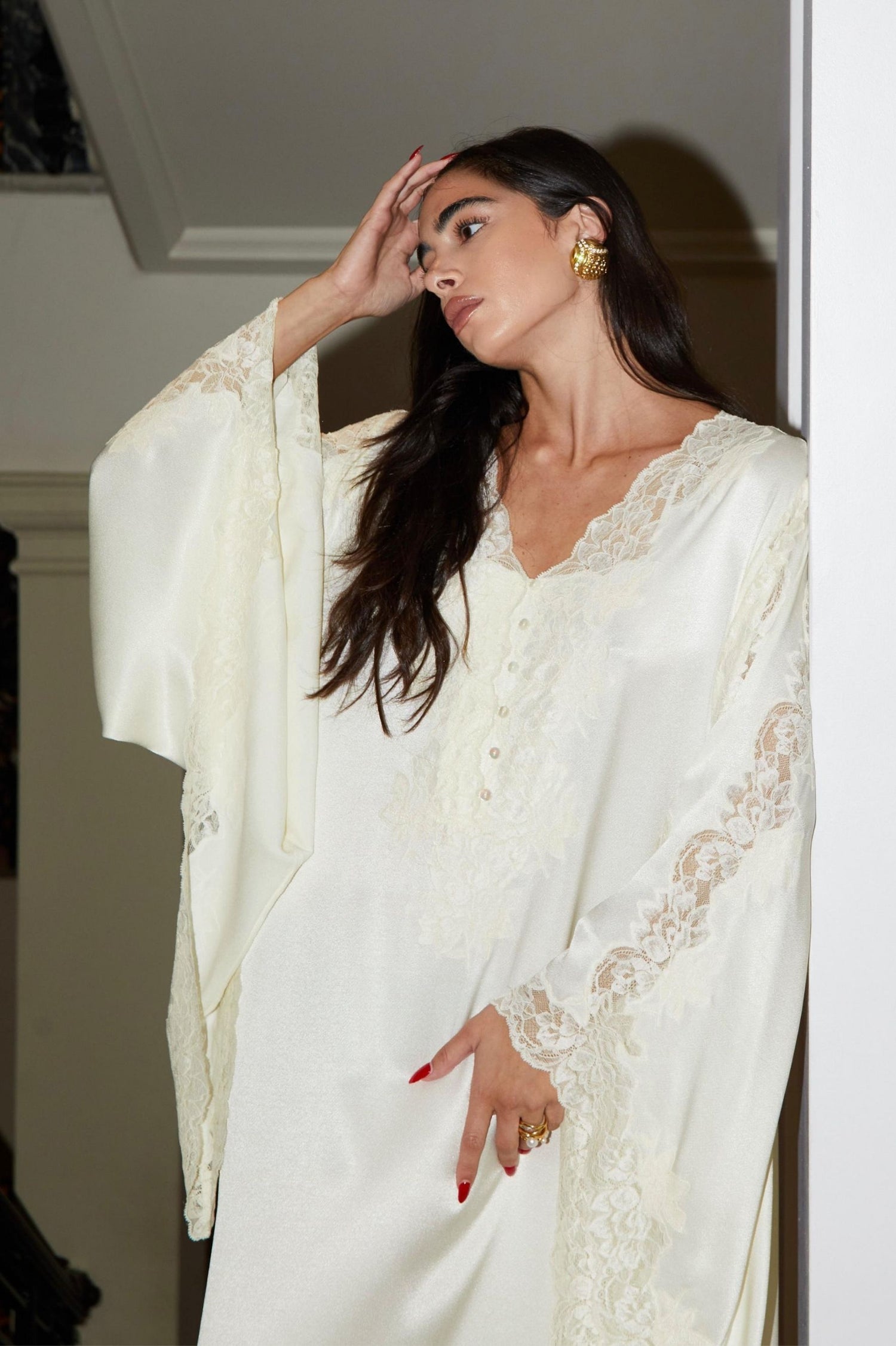 Adelaide - Trimmed Long Buttoned Dress with Triangular Sleeve - Off White with Honey Lace