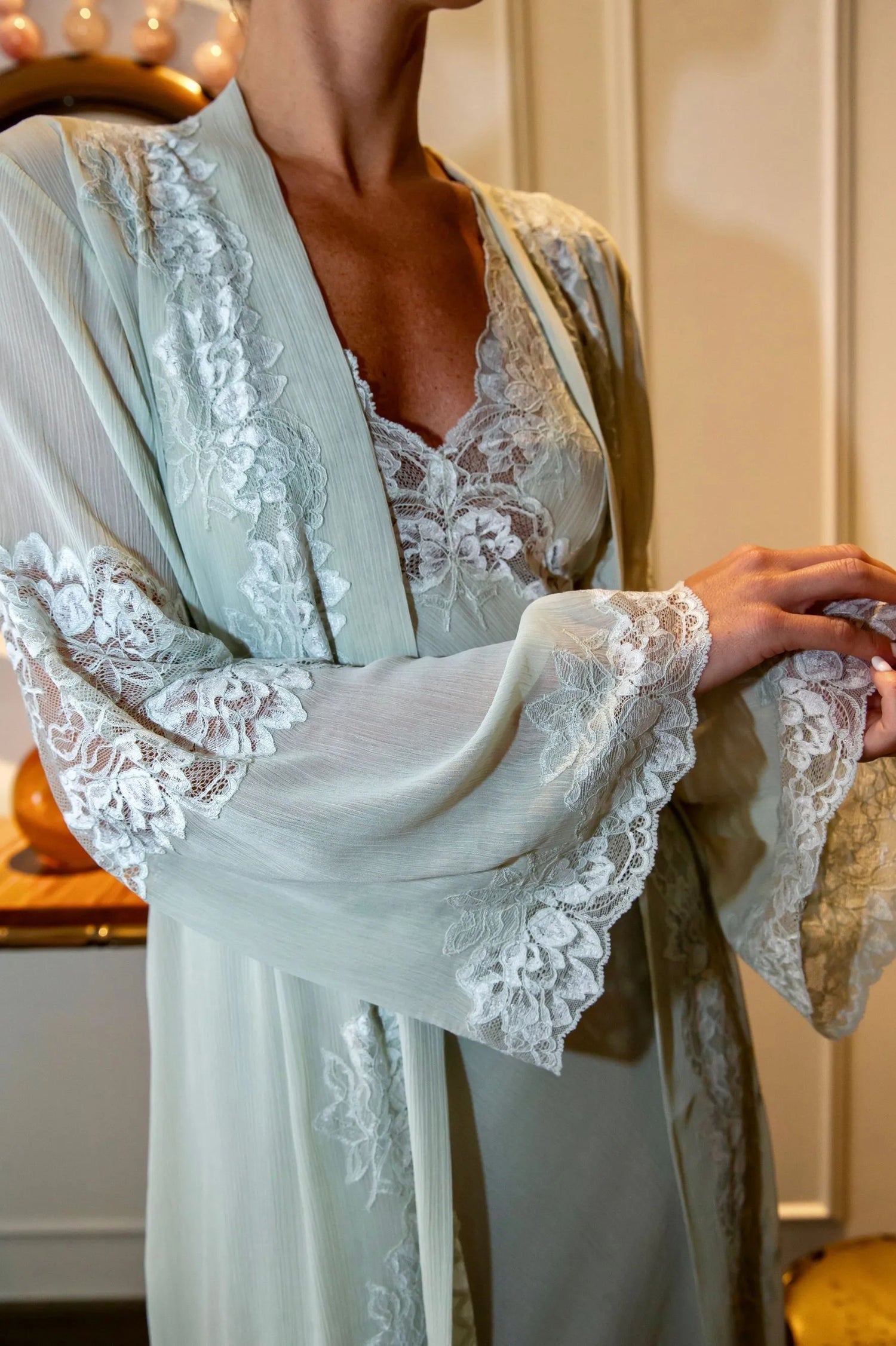 Lois - Long Silk Chiffon Robe Set - Sage Green with Sage Green Lace