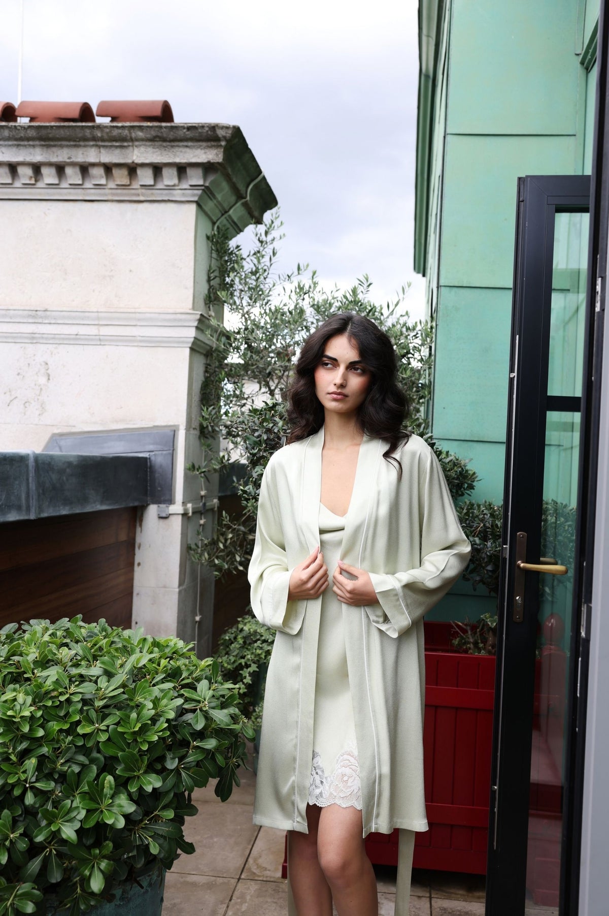 Caroline Silky Robe Set Sage Green