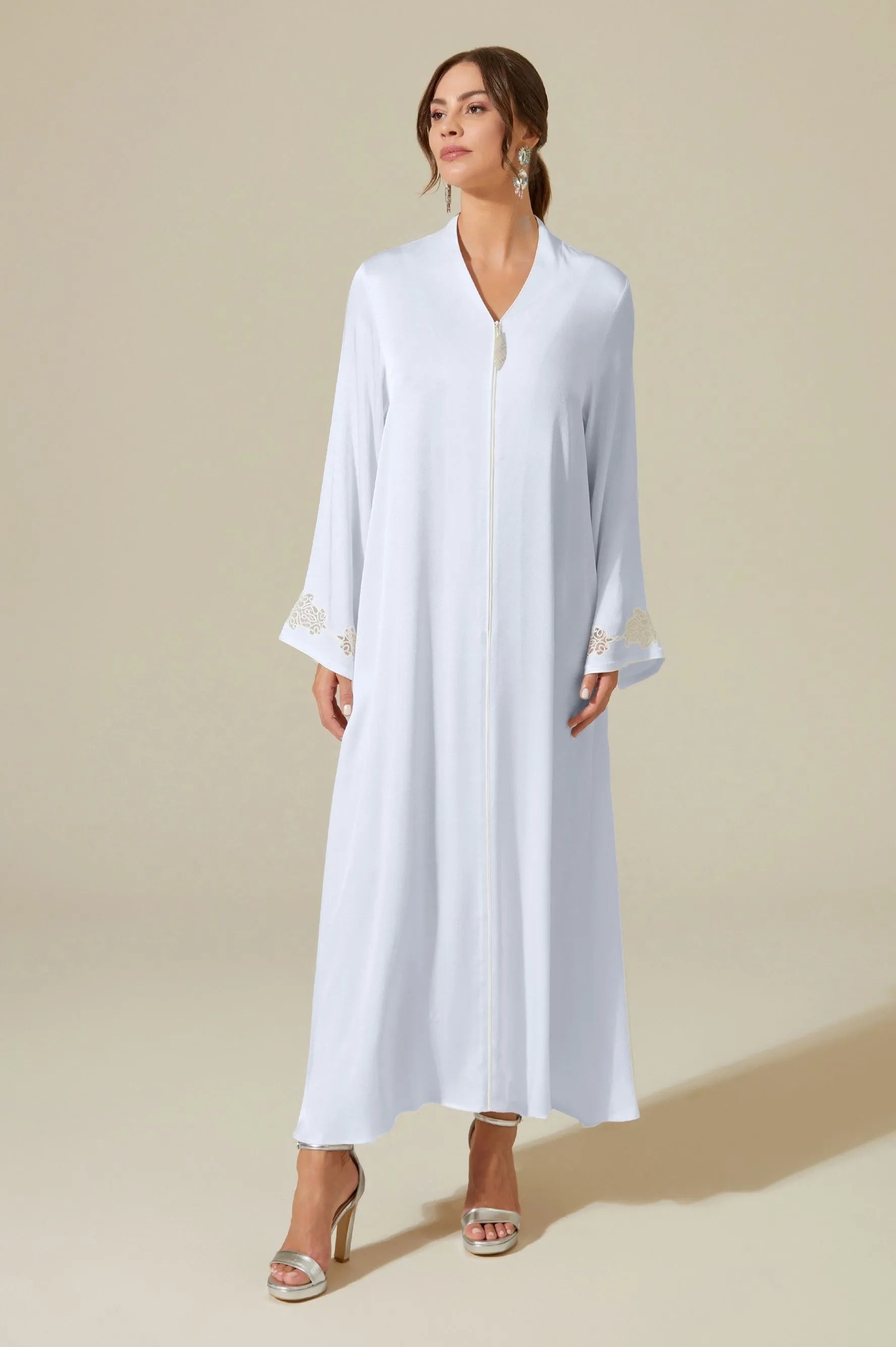 Abelia - Trimmed Long Zippered Dress - Ice Blue with Off White Pipe