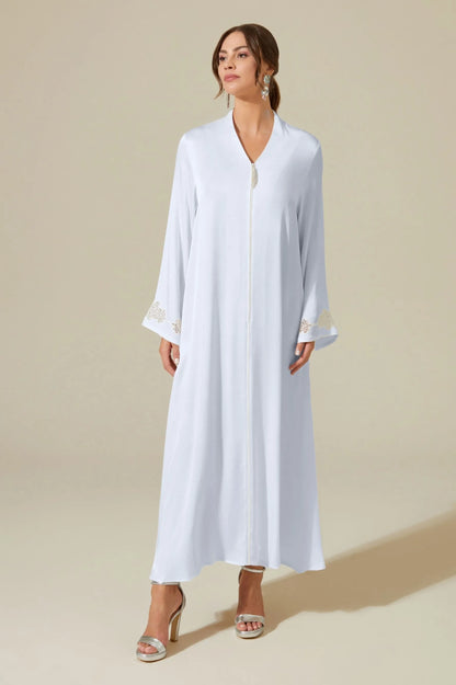 Abelia - Trimmed Long Zippered Dress - Ice Blue with Off White Pipe