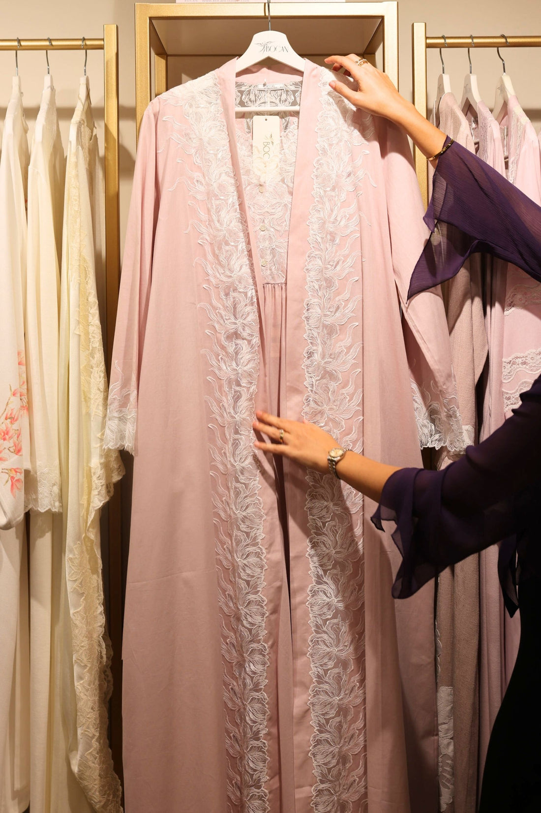 Liliane Long Cotton Voile Robe Set with Off White Lace on Powder