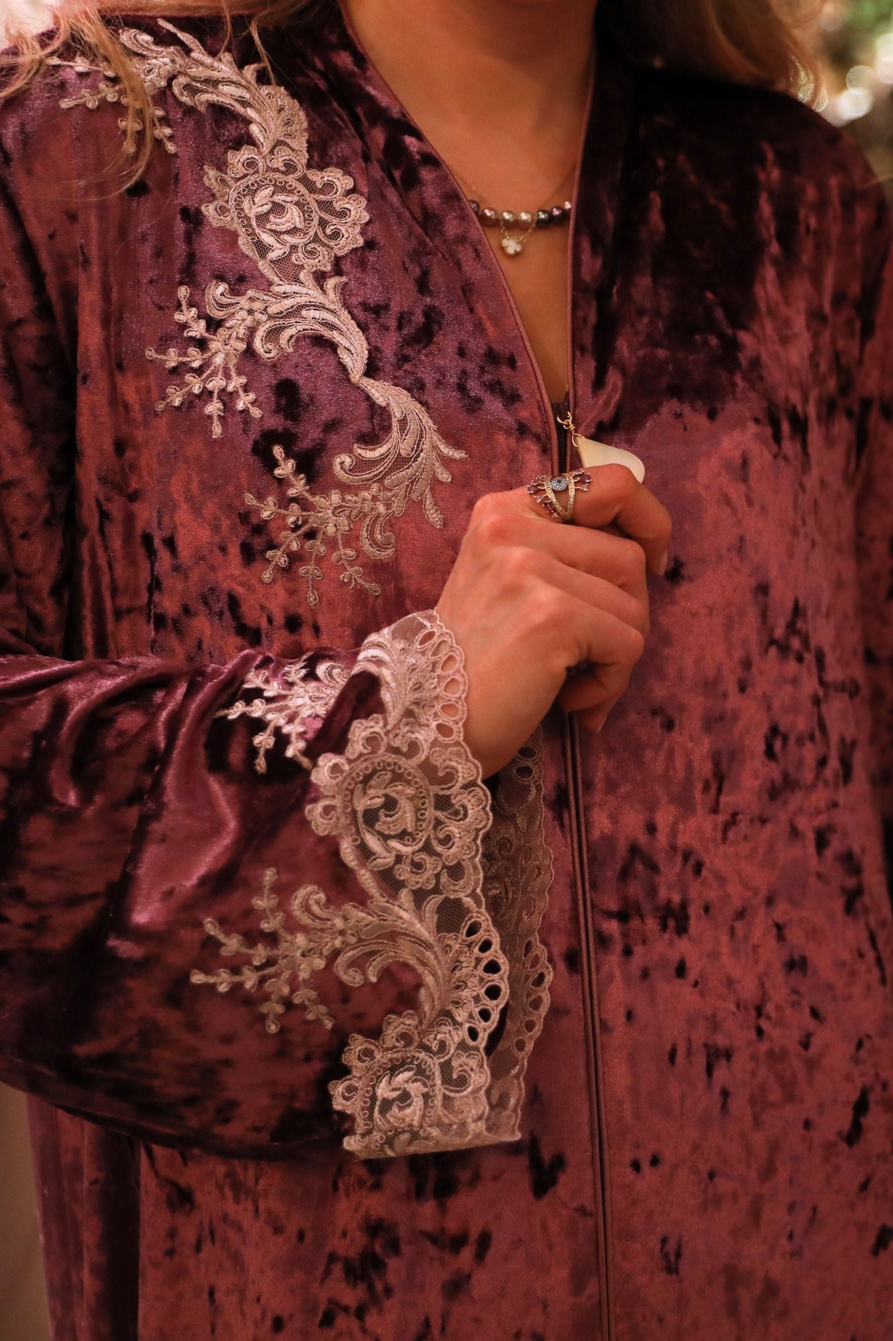 Noaf Long Velvet Zippered and Lace -  Plum with Powder Lace