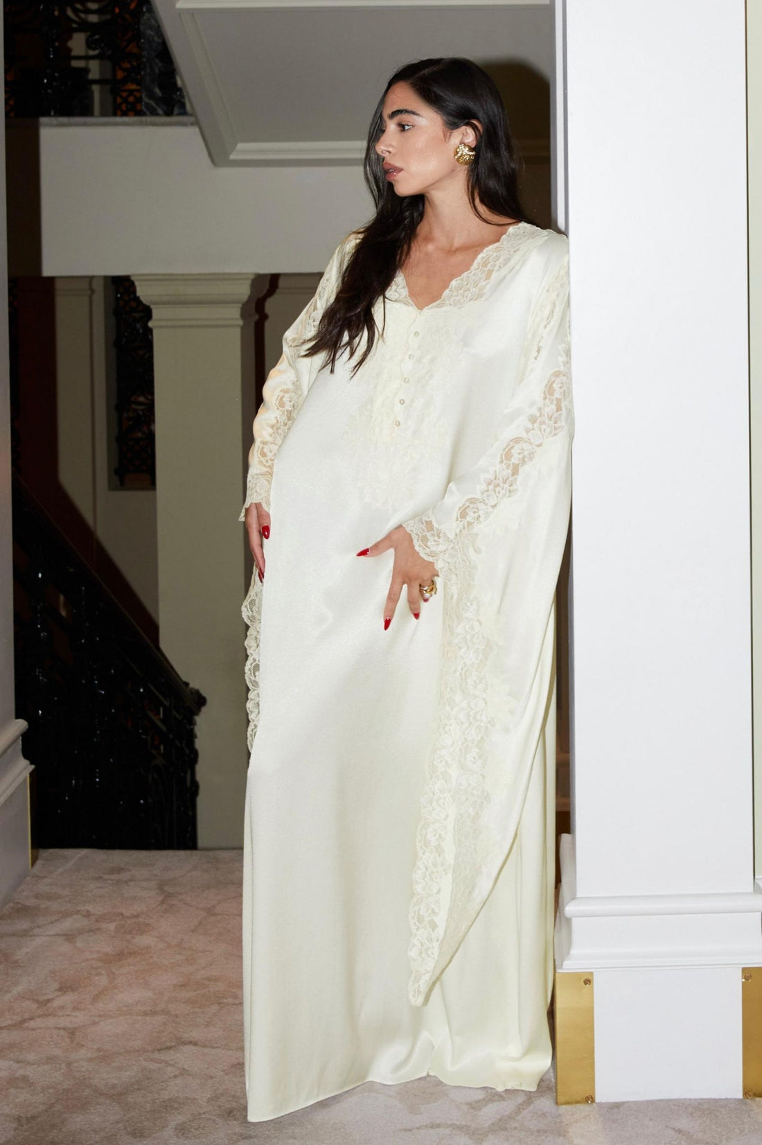 Adelaide - Trimmed Long Buttoned Dress with Triangular Sleeve - Off White with Honey Lace