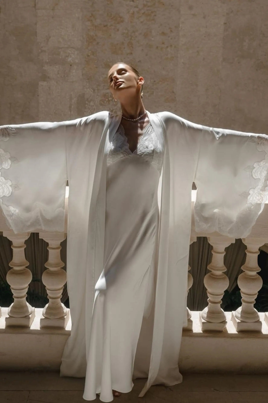Ross Long Rayon Robe Set with Off White Lace on Off White