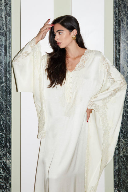 Adelaide - Trimmed Long Buttoned Dress with Triangular Sleeve - Off White with Honey Lace