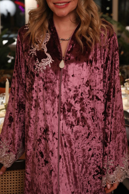 Noaf Long Velvet Zippered and Lace -  Plum with Powder Lace