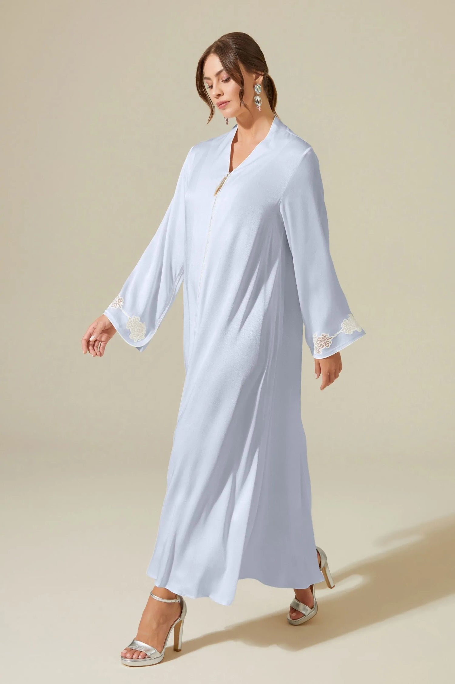 Abelia - Trimmed Long Zippered Dress - Ice Blue with Off White Pipe