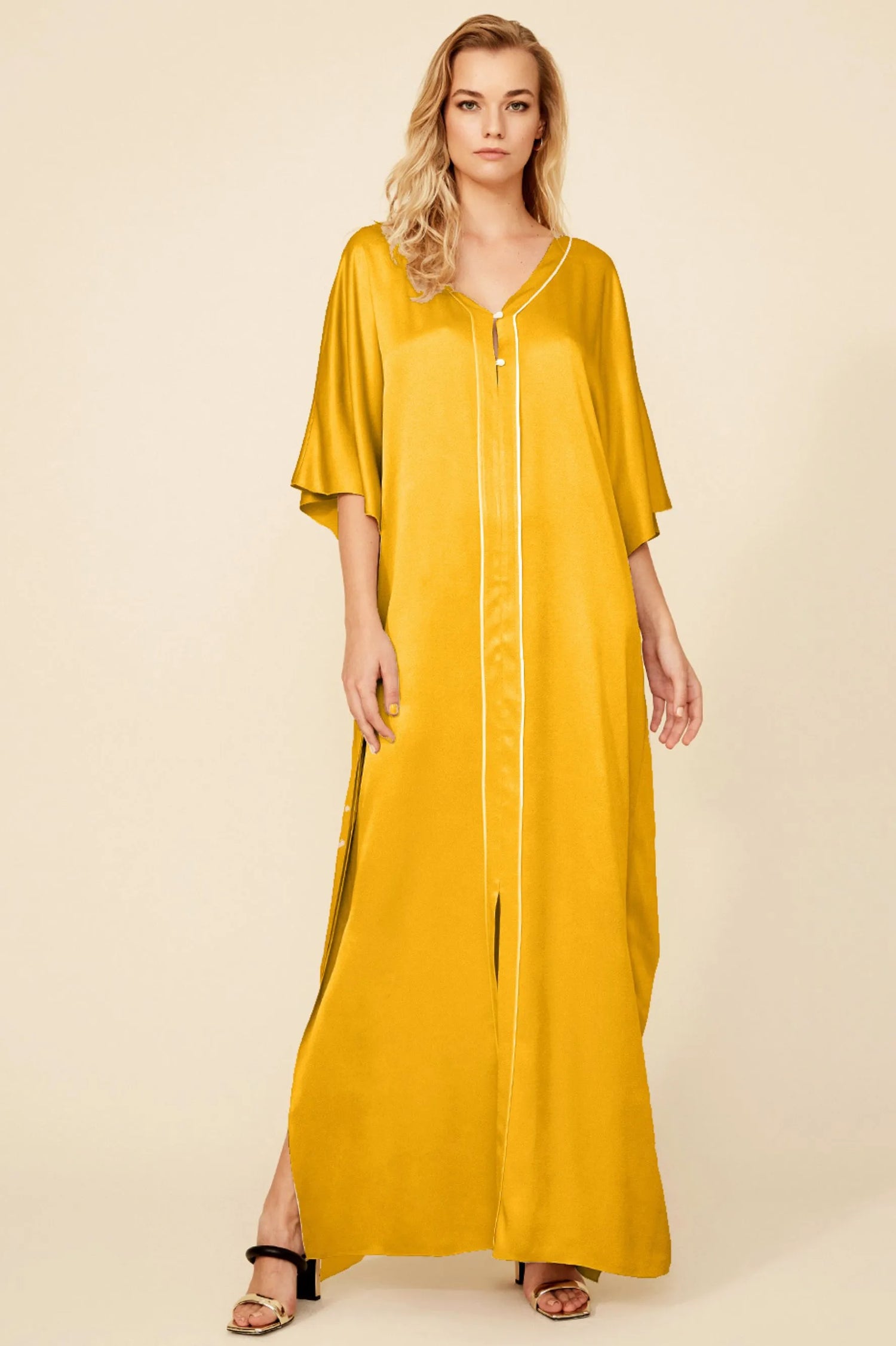 Cara Long Buttoned Kaftan Dress in Rayon - Saffron