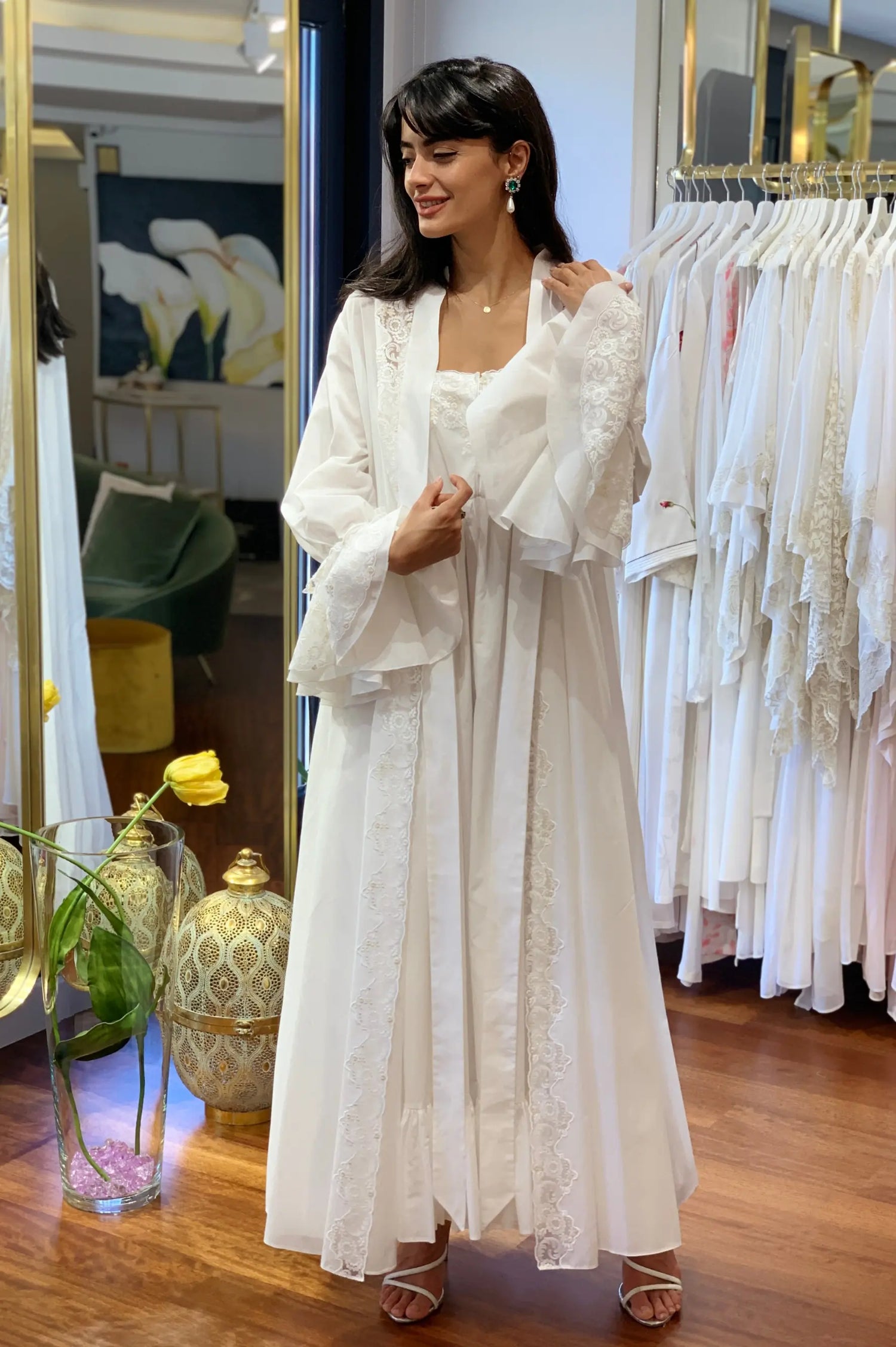 Ferah - Long Cotton Robe Set - Off White