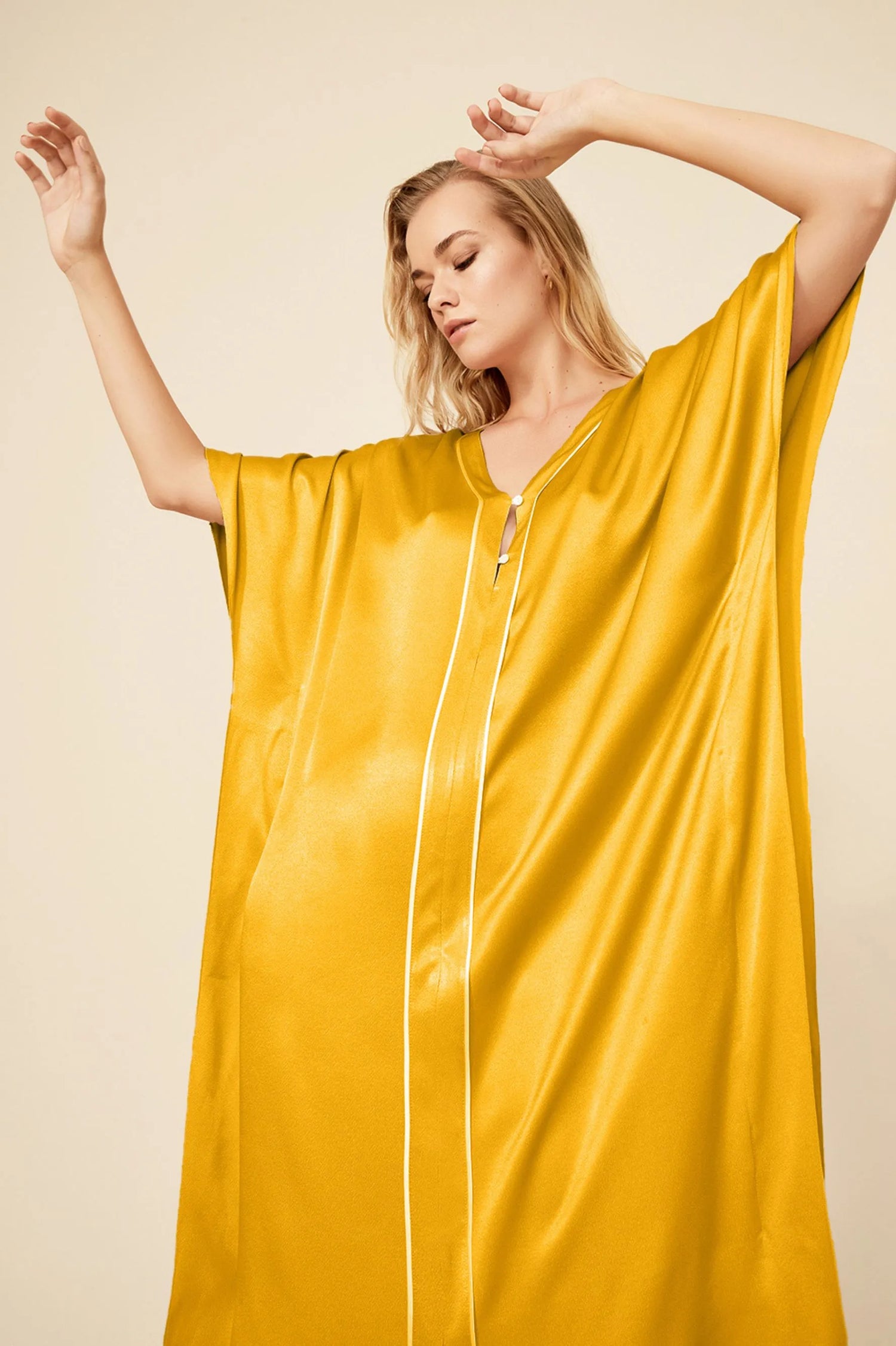 Cara Long Buttoned Kaftan Dress in Rayon - Saffron