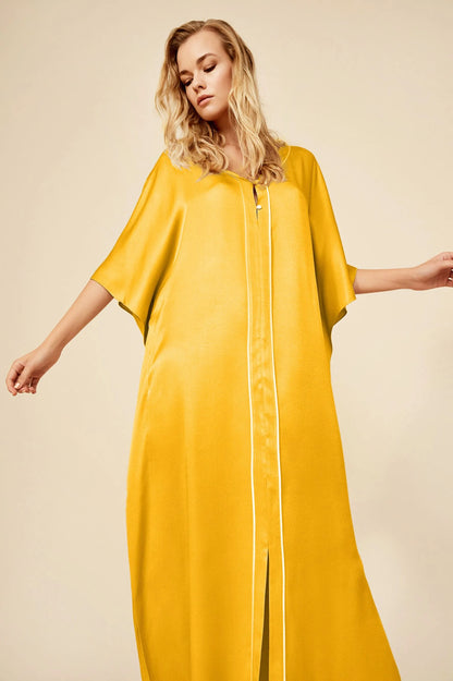 Cara Long Buttoned Kaftan Dress in Rayon - Saffron