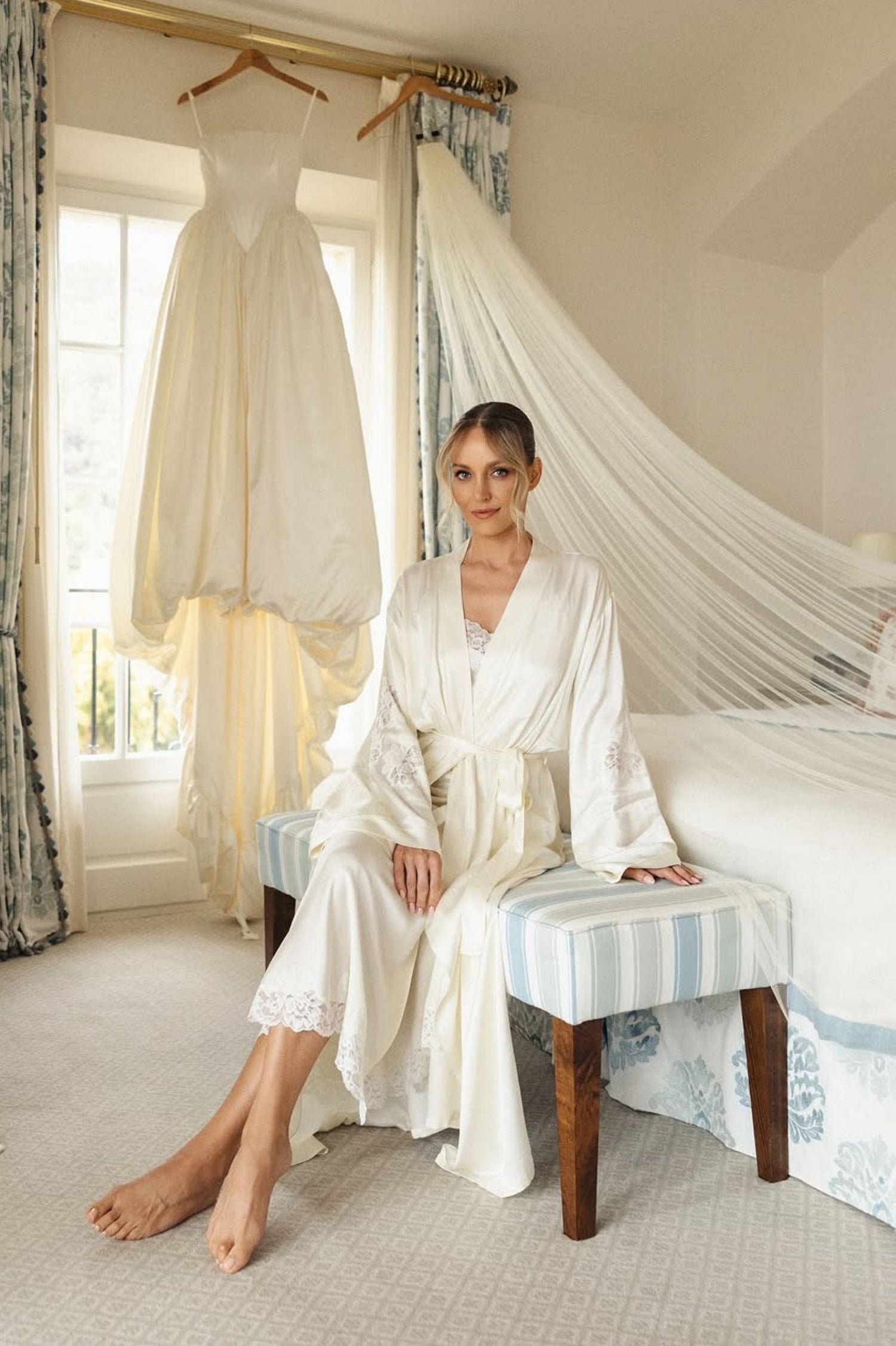 Jemima - Long Rayon Robe Set - Off White