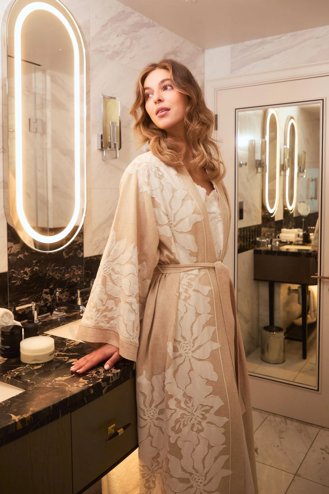 Acacia Long Linen Embroidered with Lace Kaftan Set - Beige