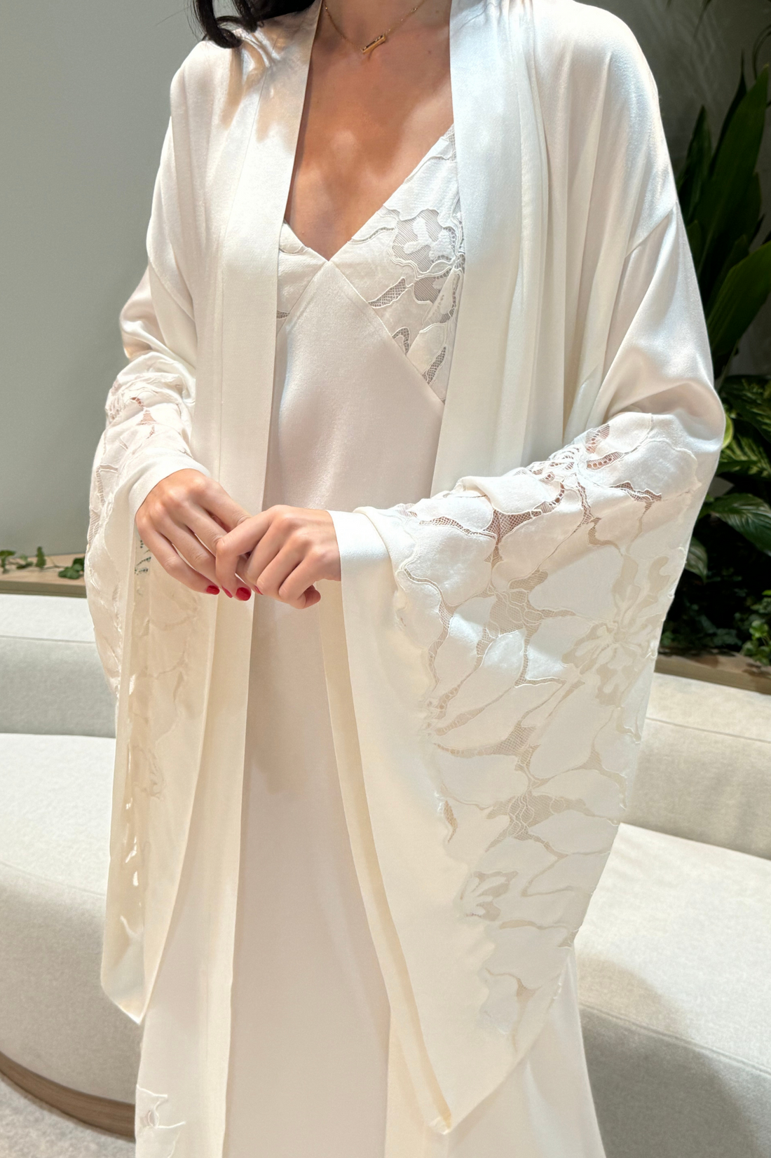 Argos Long Rayon Trimmed with Lace Robe Set - Off White