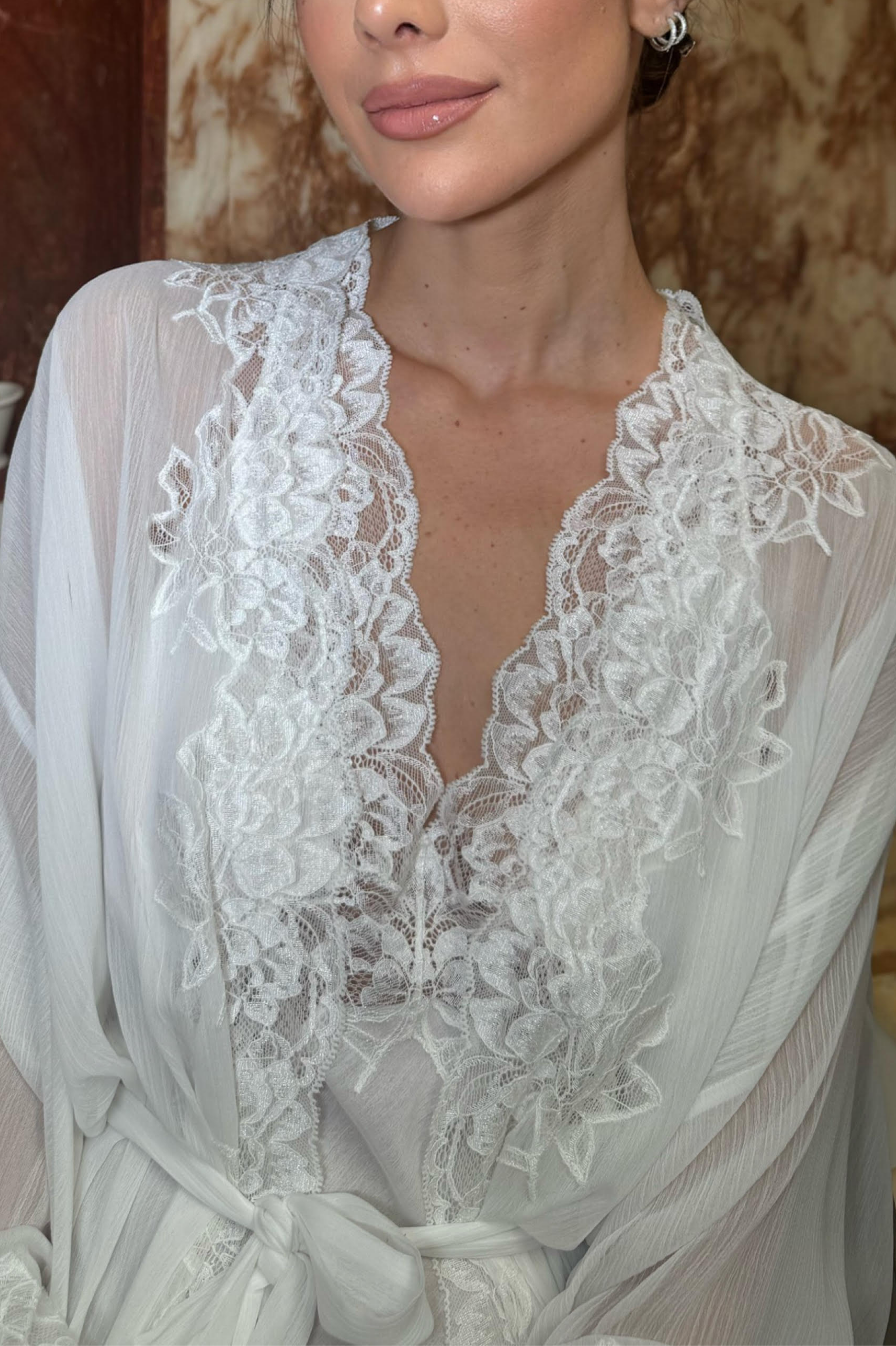 Lois - Long Silky Chiffon Robe Set - White on White