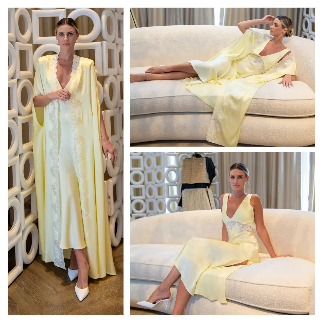 Luxurious silk robe set with intricate lace detailing, perfect for special occasions by Bocan Couture.