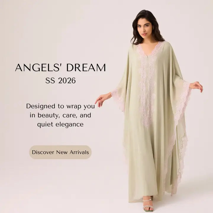Woman wearing a light green dress with lace details, standing against a white background. Text on the image promotes 'Angels' Dream' with product details.