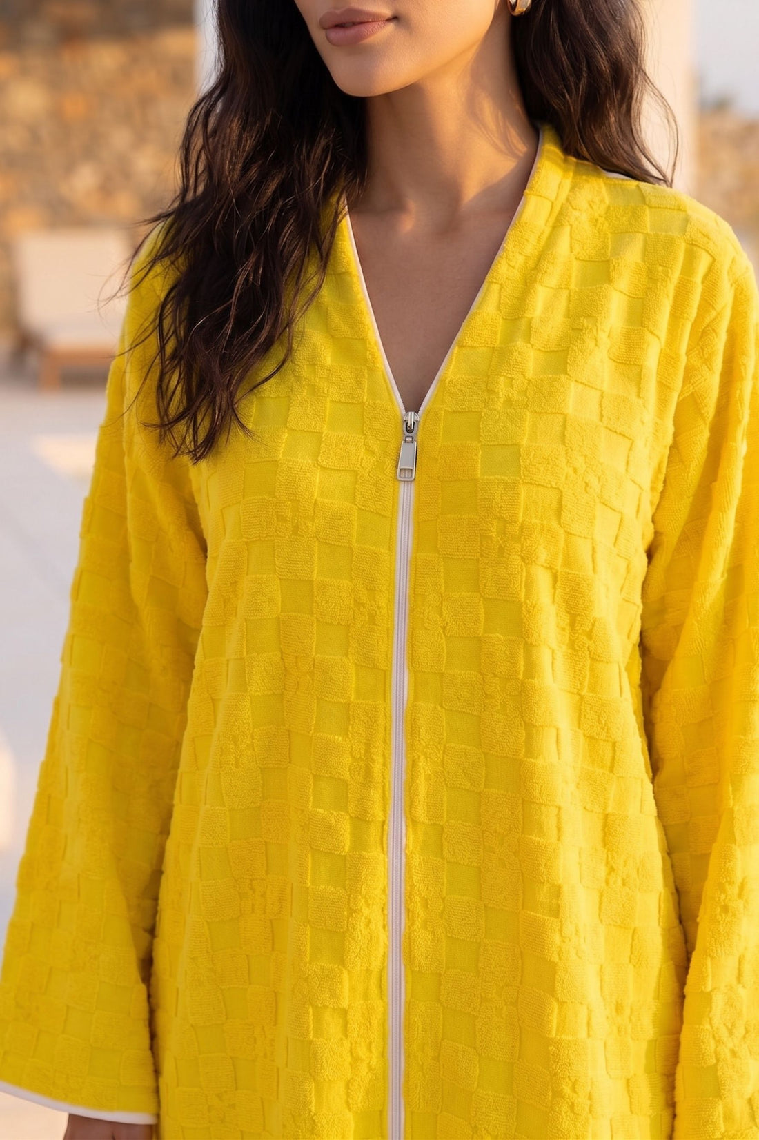 Luxury patterned yellow cotton towel bathrobe by Bocan Couture