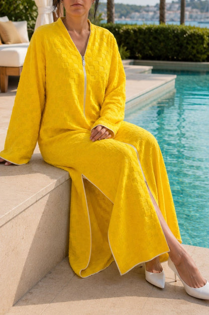 Luxury patterned yellow cotton towel bathrobe by Bocan Couture